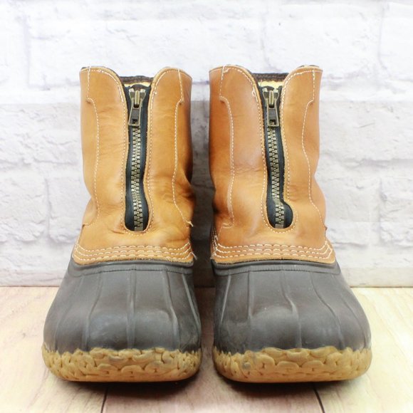 LL Bean Brown Leather Front Zip Waterproof Insulated Ankle Duck Boots Size 9 - Picture 4 of 10